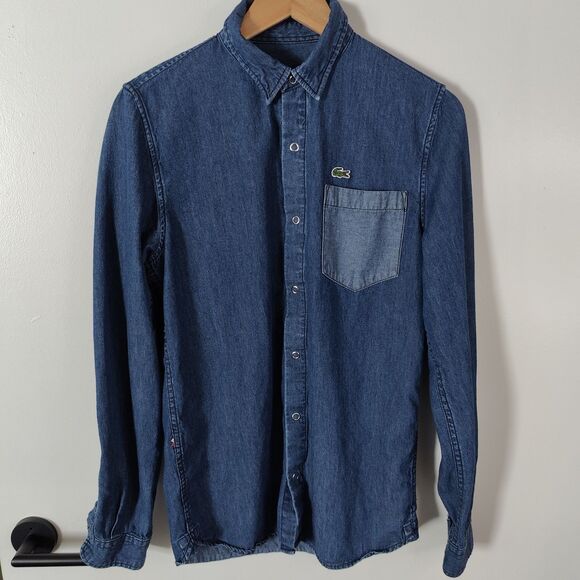 Lacoste Live Mens Size 38 (XS) Jeans Shirts Blue Denim Logo Snap Buttons - Picture 2 of 9